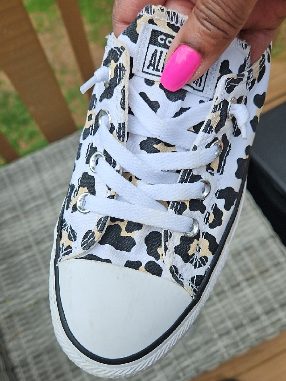 Converse White Low Top Sneakers with Black & Tan Leopard Print - Picture 2 of 7